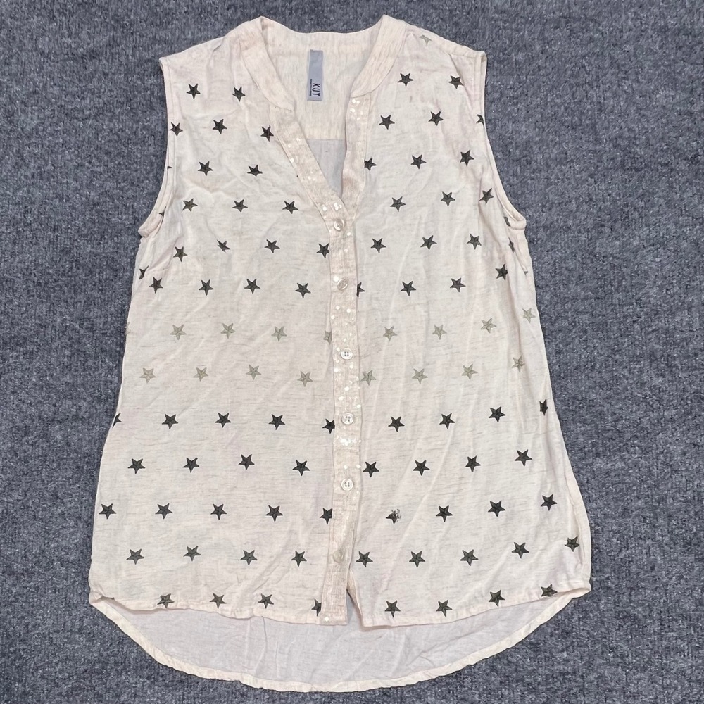 KUT from the Kloth Sleeveless Top Womens S Oatmeal Star Sequin Button Up Blouse